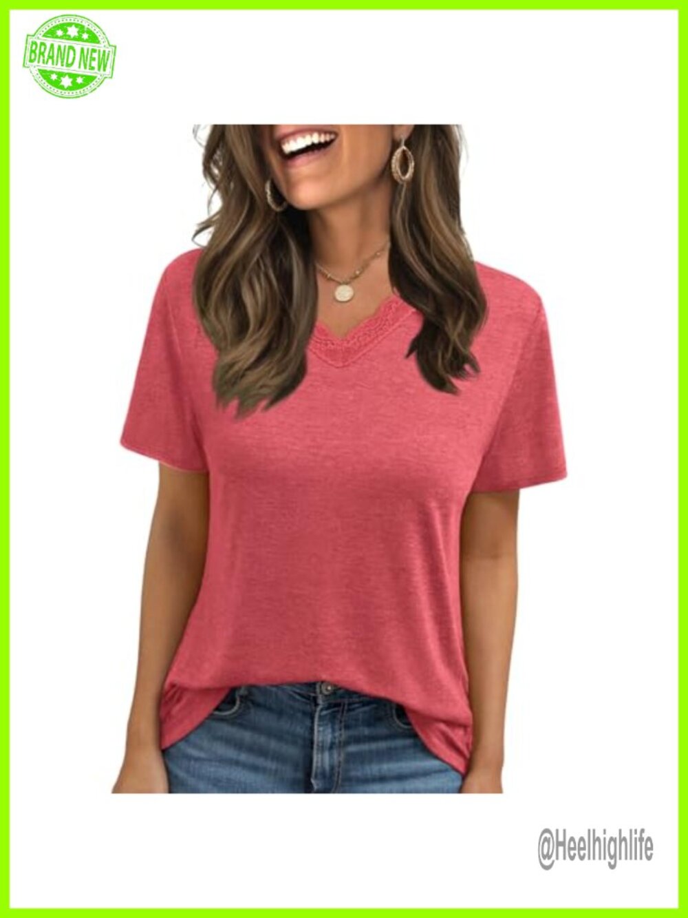 Womens V Neck Lace Trim Short Sleeve T Shirt Loose Fit Casual Summer Top